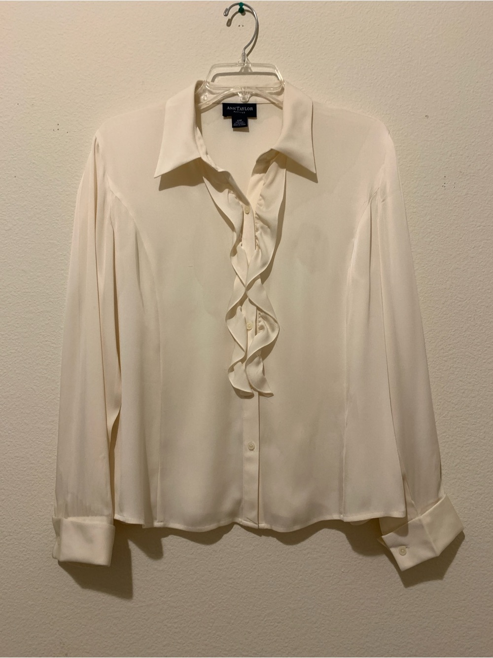 Ann Taylor Ivory Ruffle-Front Long Sleeve Blouse